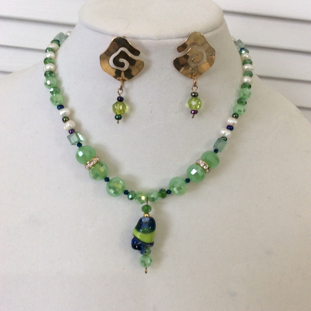 Necklace, green with glass drop bead, hand crafted